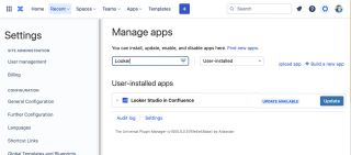 Manage apps page in Confluence showing Update Available status next to the Looker/Data Studio app