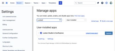 Manage apps page in Confluence showing Update Available status next to the Looker/Data Studio app