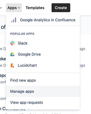 Confluence Apps menu with Manage apps option highlighted