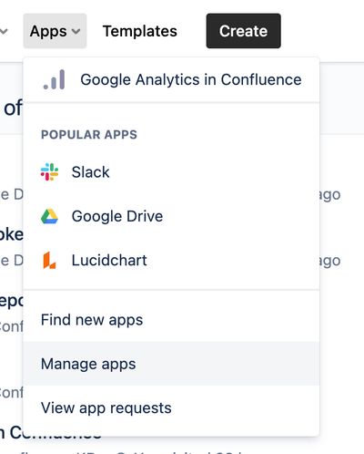 Confluence Apps menu with Manage apps option highlighted
