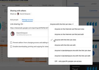 Data Studio Manage access dialog showing report sharing permissions