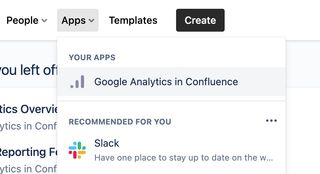 Apps dropdown menu in Confluence header showing Google Analytics in Confluence