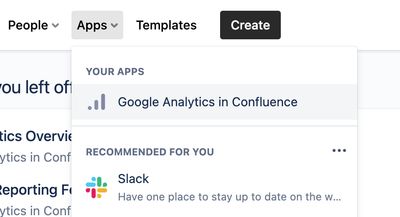 Apps dropdown menu in Confluence header showing Google Analytics in Confluence