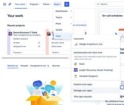 Apps menu in Jira top navigation bar