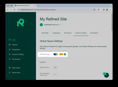 Refined Admin showing Embedded page option