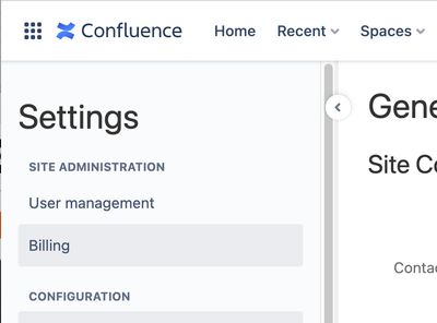 Billing option in Confluence administration