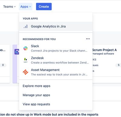 Apps dropdown menu showing Google Analytics in Jira