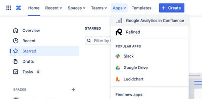 Apps menu showing Google Analytics in Confluence