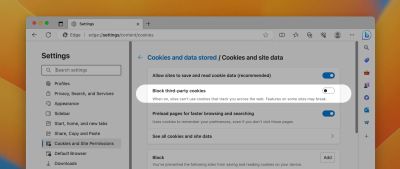 Edge cookies settings
