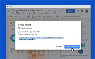 Data Studio embed report dialog showing the Embed URL to copy