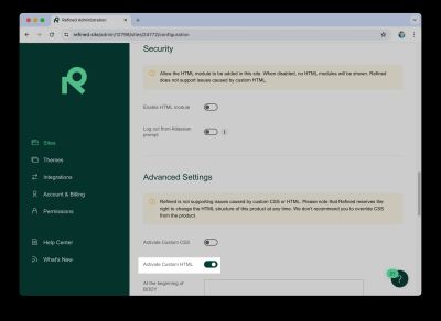 Activate Custom HTML option in Refined Admin Advanced Settings