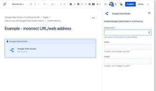 Data Studio macro properties panel showing the URL input field