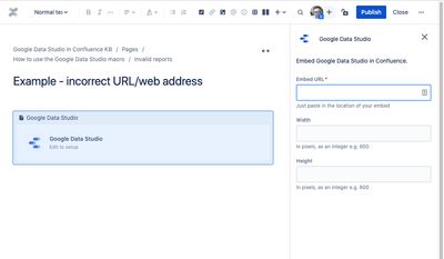 Data Studio macro properties panel showing the URL input field