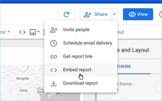 Data Studio Share menu with Embed report option highlighted