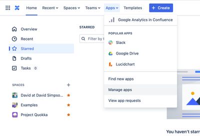 Apps menu in Confluence top navigation bar