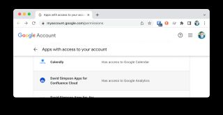 Google account permissions page showing David Simpson Apps for Confluence Cloud