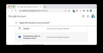 Google account permissions page showing David Simpson Apps for Confluence Cloud