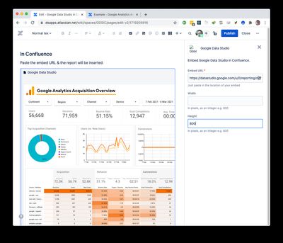 Data Studio macro properties panel showing width and height configuration