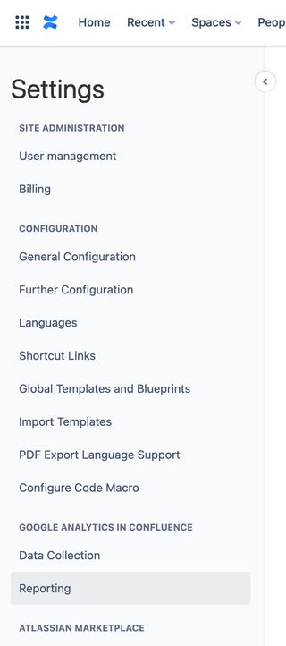 Left hand menu showing Reporting under Google Analytics in Confluence