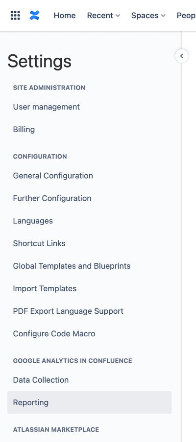 Left hand menu showing Reporting under Google Analytics in Confluence