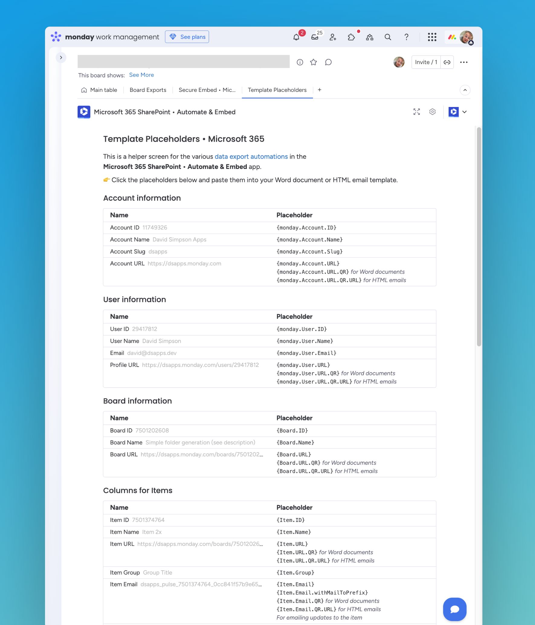Template Placeholders | Microsoft 365 SharePoint integration for monday.com