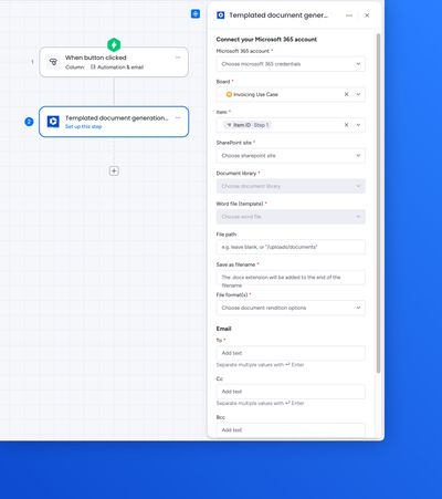 Workflow configuration showing Microsoft 365 sign-in, SharePoint site, document library, and template selection fields