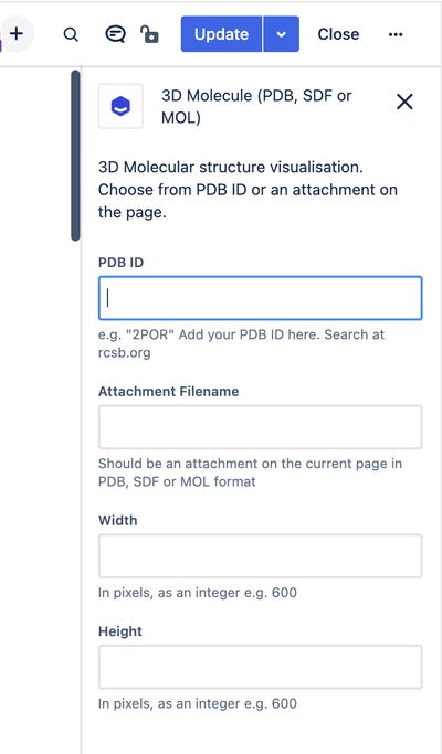 3D Molecule macro properties panel with PDB ID and Attachment Filename options