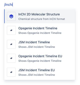 Confluence editor showing /inchi macro selection