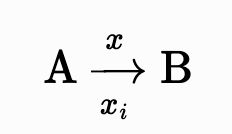 mhchem rendered labelled reaction arrow with mathematical labels x and xᵢ