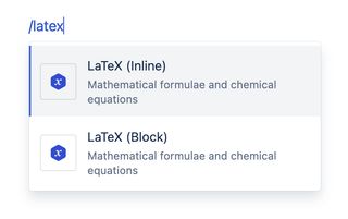 Confluence editor showing /latex macro selection for LaTeX (Block) and LaTeX (Inline)