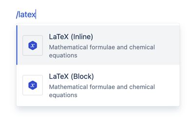 Confluence editor showing /latex macro selection for LaTeX (Block) and LaTeX (Inline)