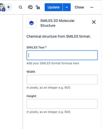 SMILES 2D Molecular Structure macro properties panel with SMILES text input