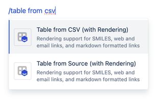 Confluence editor showing /table from csv macro selection