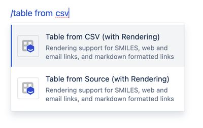 Confluence editor showing /table from csv macro selection