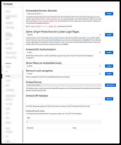 Looker Admin menu showing the Embed page with Embedded Domain Allowlist and Same-Origin Protections settings