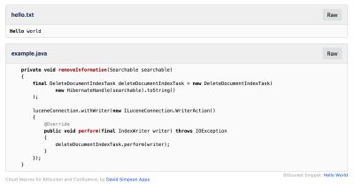 Bitbucket Snippets macro displaying a code snippet from Bitbucket