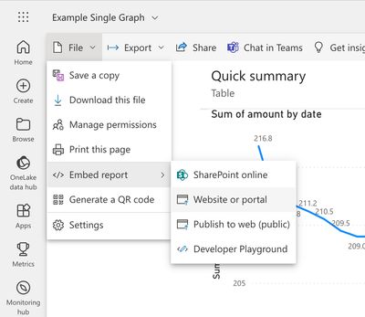 Microsoft Power BI File menu showing Embed report and Website or portal options