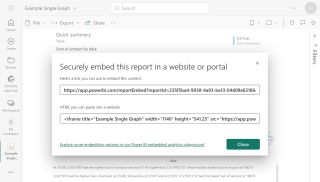 Power BI embed dialog showing the URL to copy for embedding in Confluence