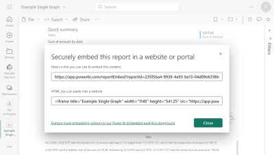 Power BI embed dialog showing the URL to copy for embedding in Confluence