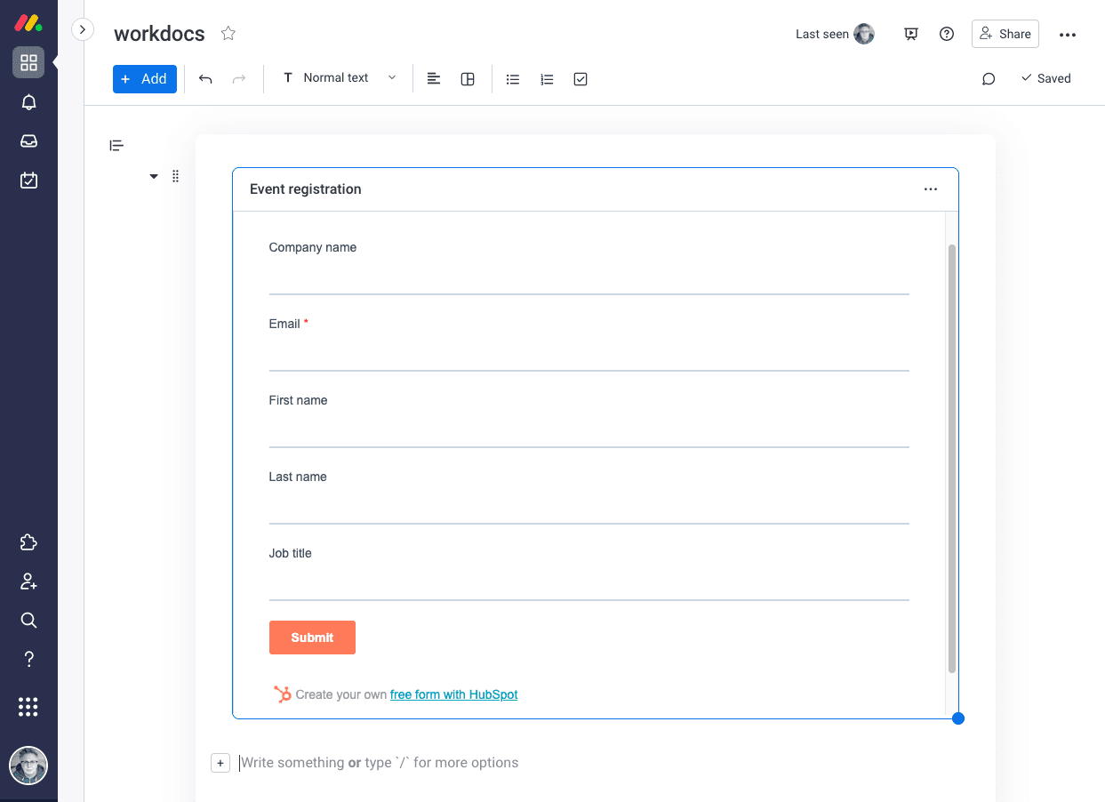 Embed HubSpot Forms in workdocs